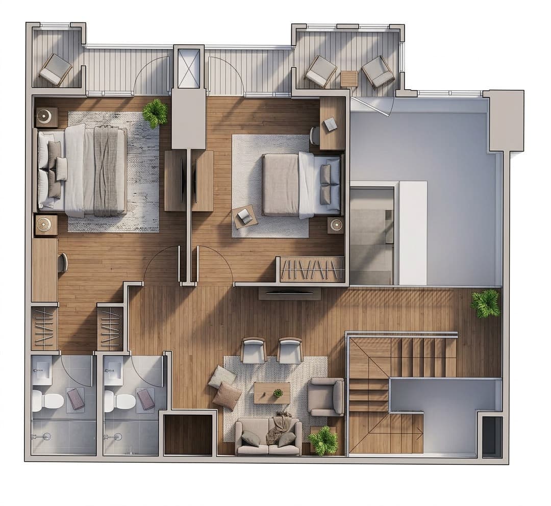 Modern rendered 3D floor plan for an upper-level garden apartment layout