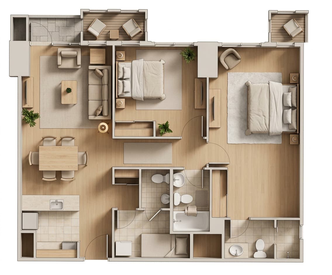 Japandi rendered 3D floor plan for a two-bedroom apartment listing