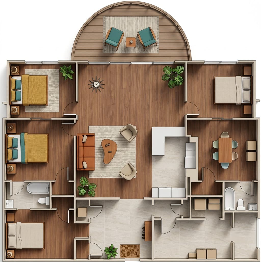 Styled top-down 3D floor plan visual for real estate marketing