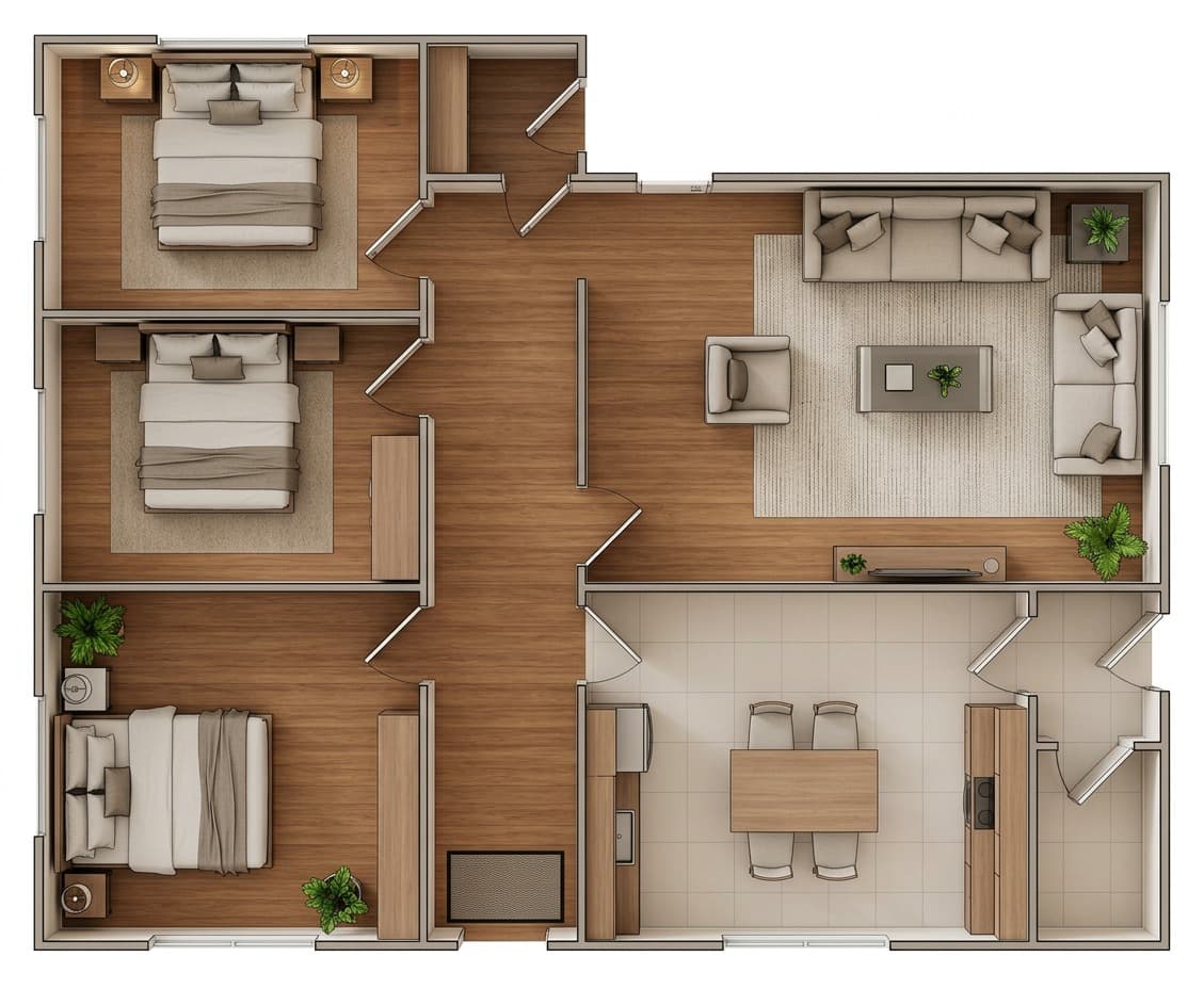 Modern rendered 3D floor plan for a simple three-bedroom house layout
