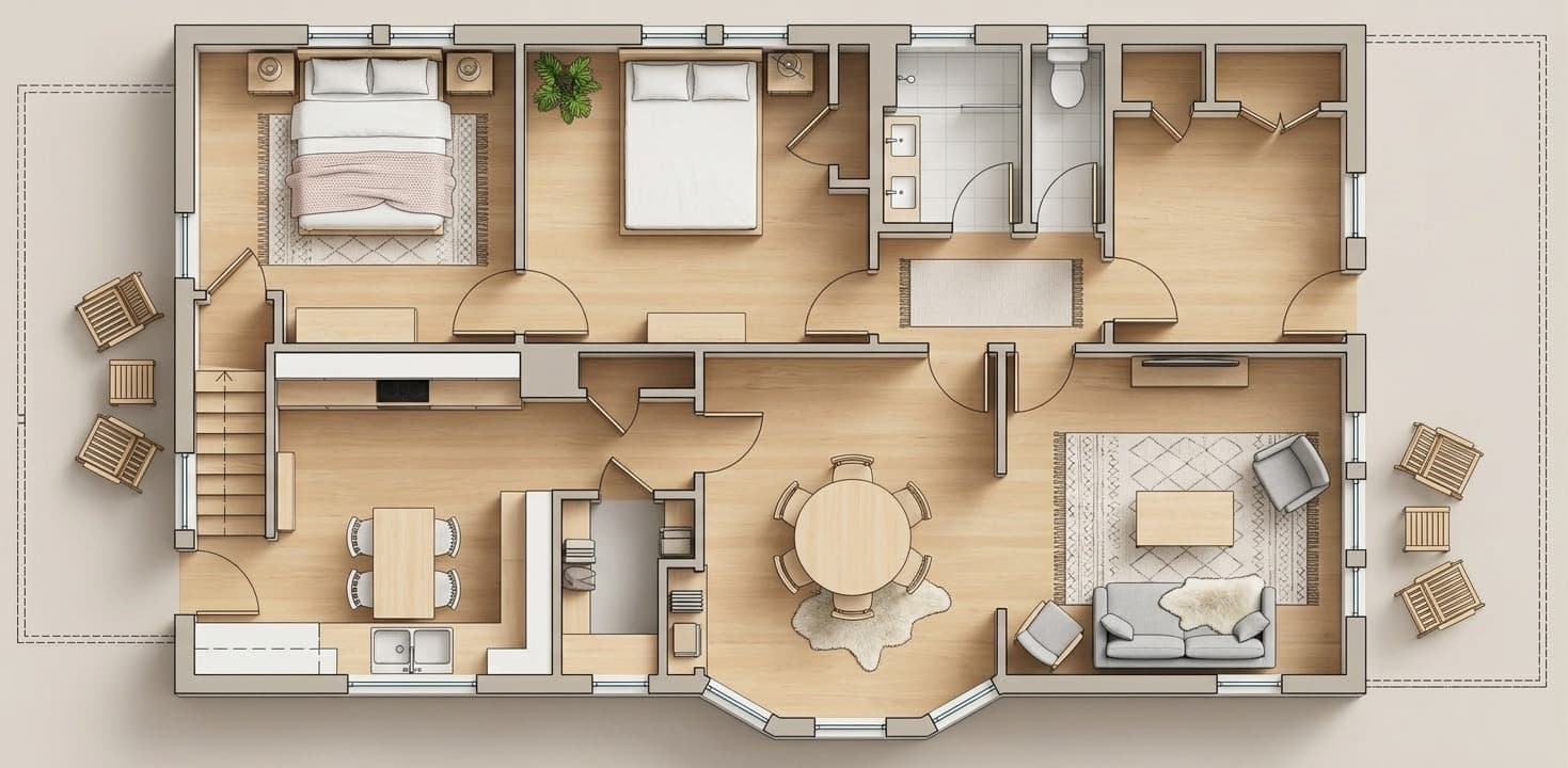Clear top-down 3D floor plan generated from a rough original plan