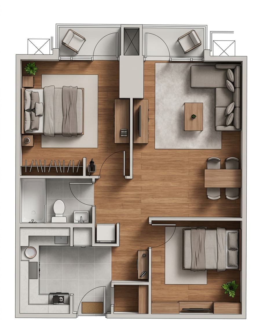 Traditional rendered 3D floor plan for a one-bedroom apartment listing