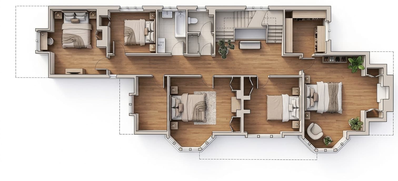 Contemporary rendered 3D floor plan for a balanced multi-bedroom house layout