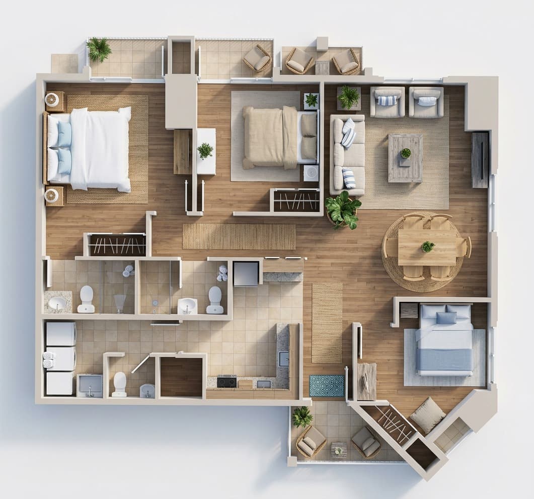 Coastal rendered 3D floor plan for a three-bedroom apartment listing