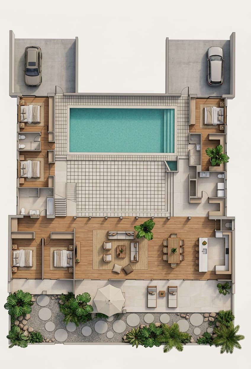 Classic rendered 3D floor plan for a house with courtyard and multiple rooms
