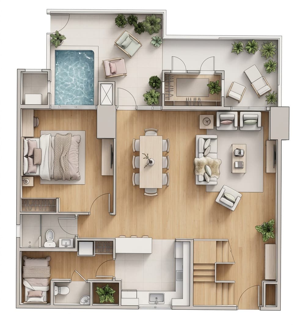 Farmhouse rendered 3D floor plan for a garden apartment layout