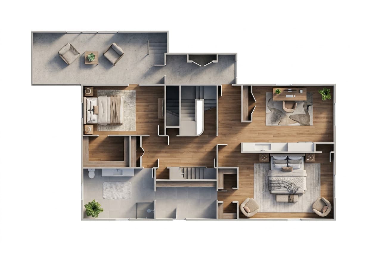 Contemporary rendered 3D floor plan for a second-floor residential layout
