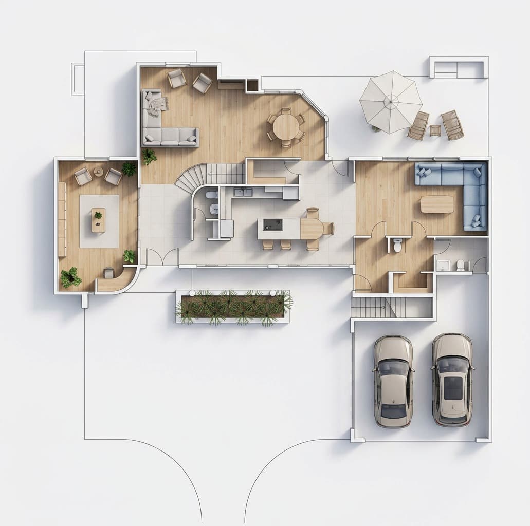 Scandinavian rendered 3D floor plan for a modern house layout