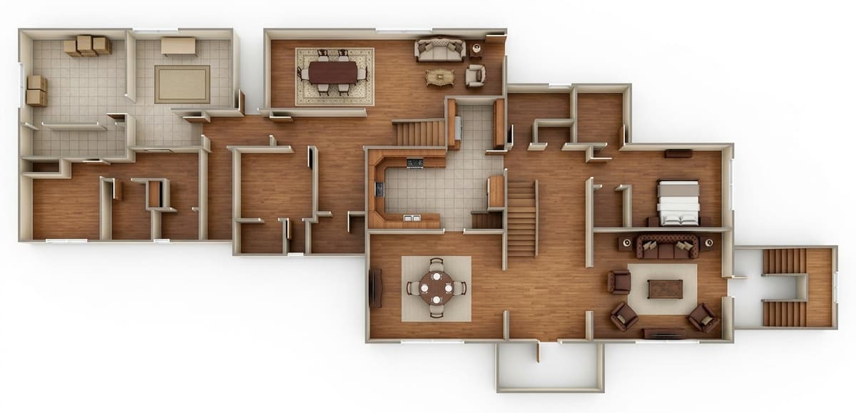 Rendered top-down 3D floor plan for a large apartment layout
