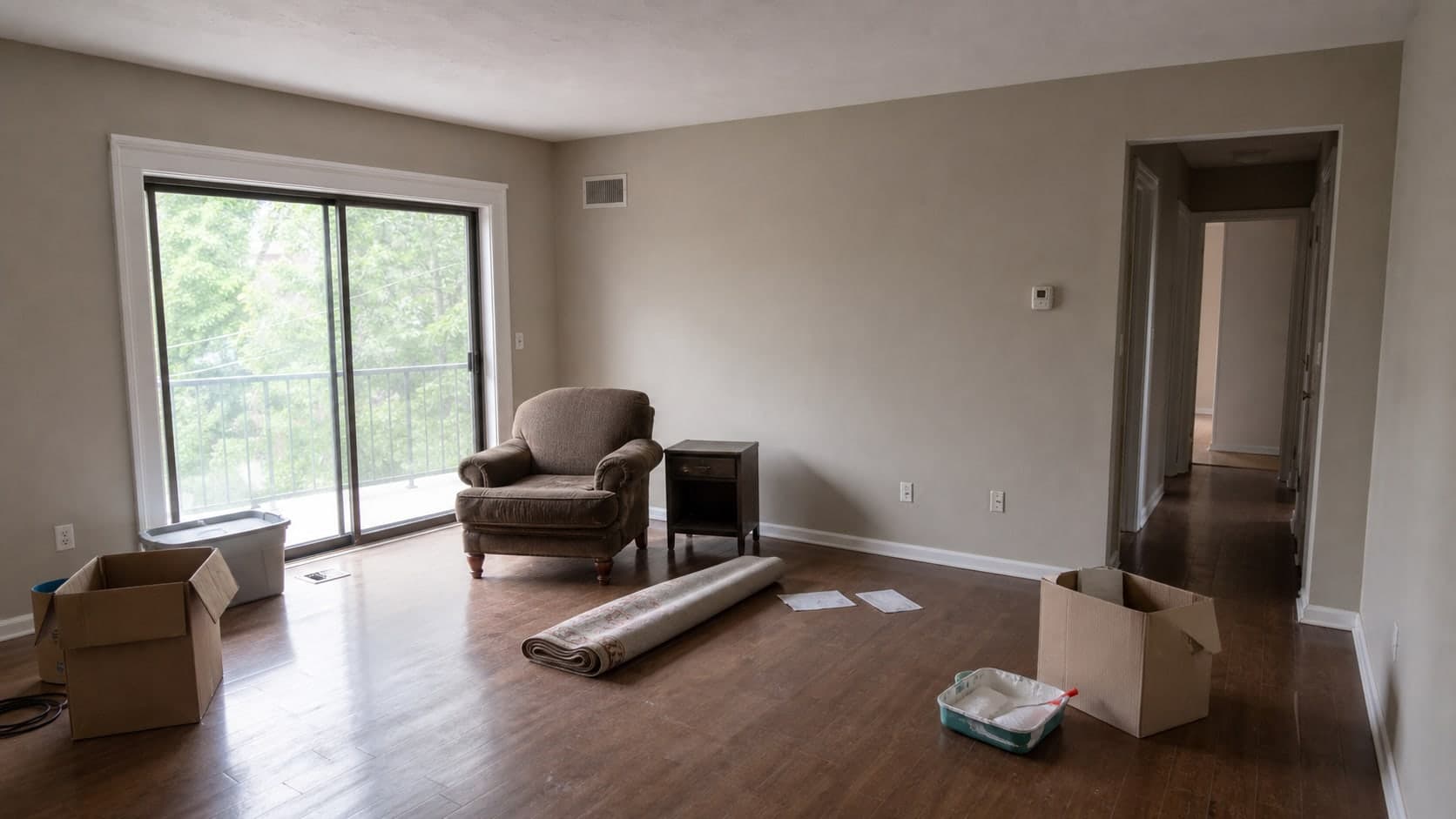 Mostly moved-out living room listing photo with a few remaining furniture pieces and move-out clutter