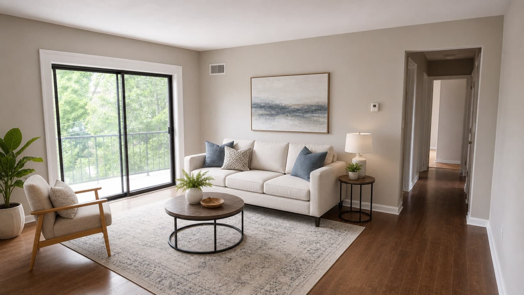 Modern staged living room listing photo after move-out clutter removal, lighting correction, and virtual staging