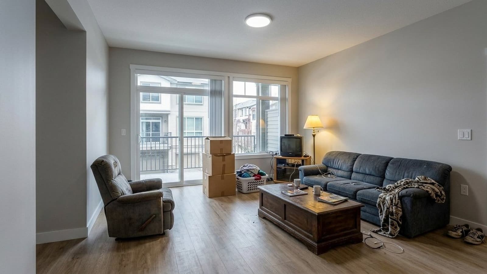 Occupied living room listing photo with dated furniture and tenant belongings before AI furniture removal