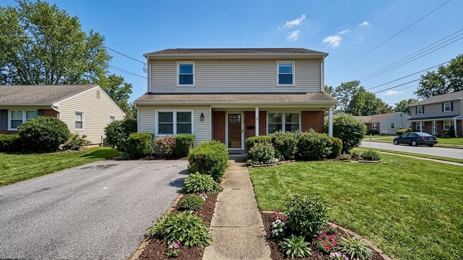 Bright exterior listing photo after AI sky replacement, landscaping treatment, and exposure correction