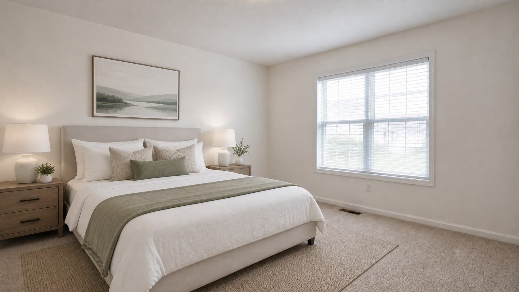Bright staged bedroom listing photo after camera-locked AI lighting improvement and virtual staging