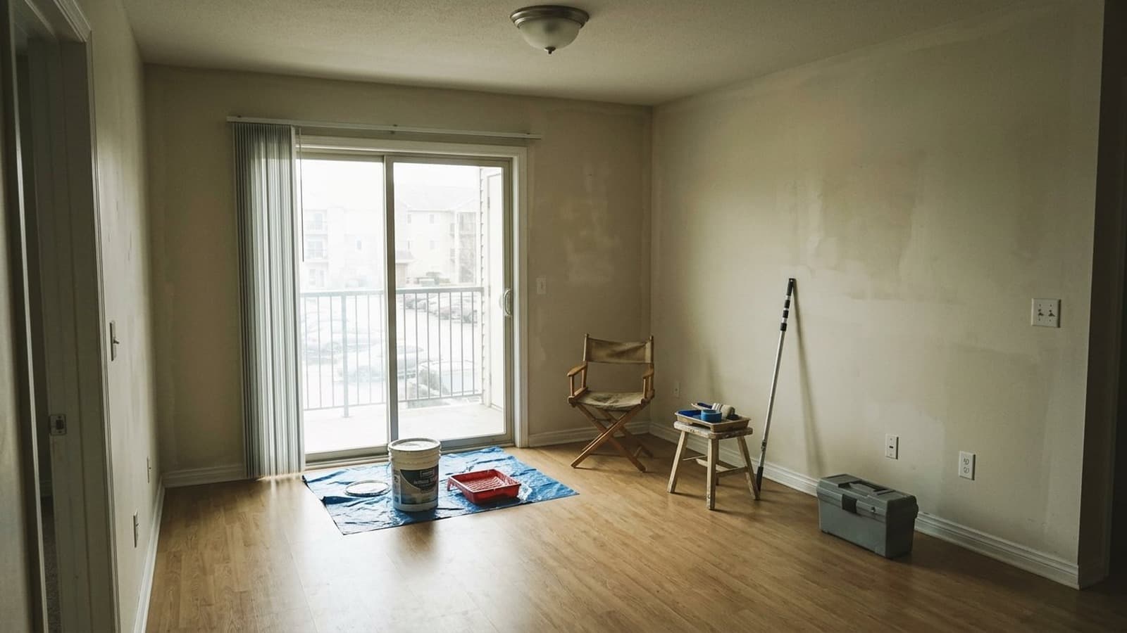 Underexposed empty living room with leftover furniture and repair materials before AI staging
