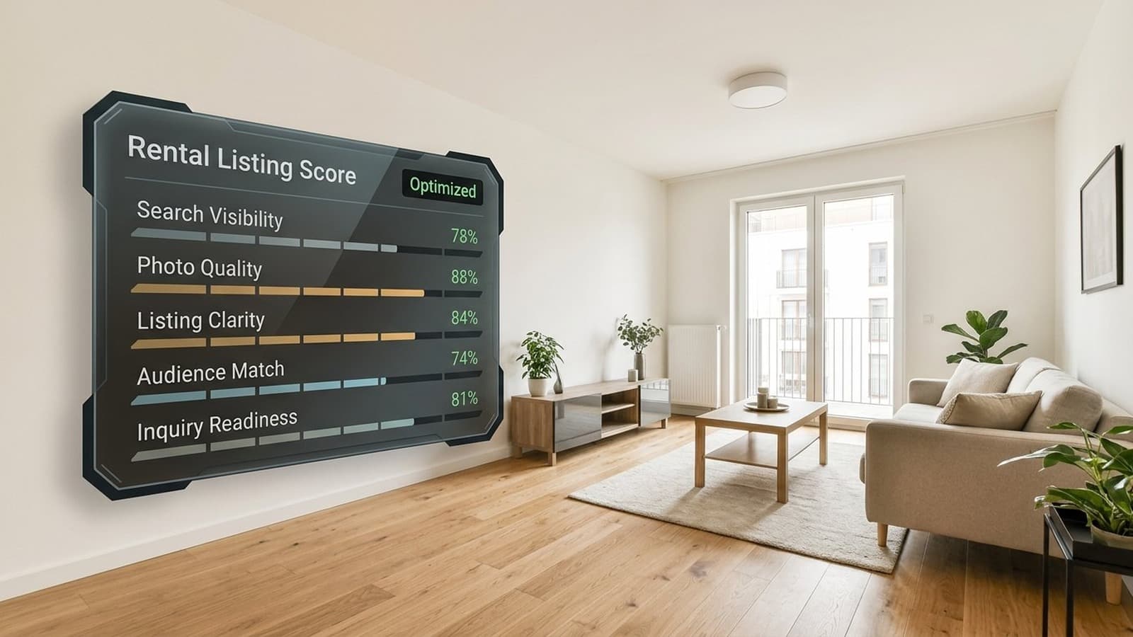 Rental listing score overlay on a staged apartment photo