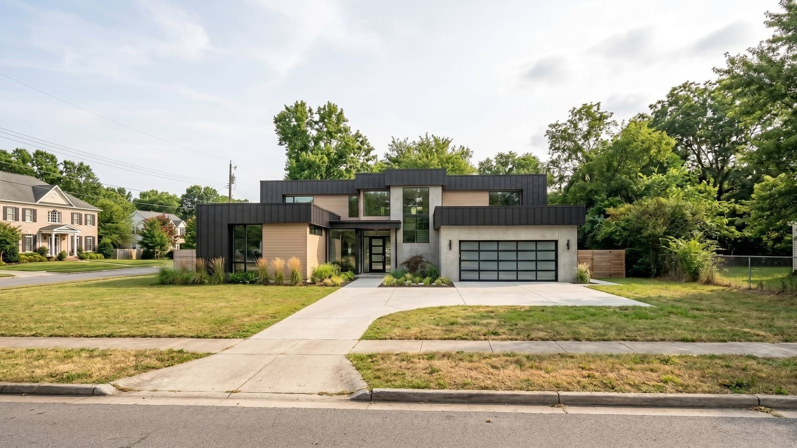 Modern replacement home rendering that uses a wide teardown lot more effectively