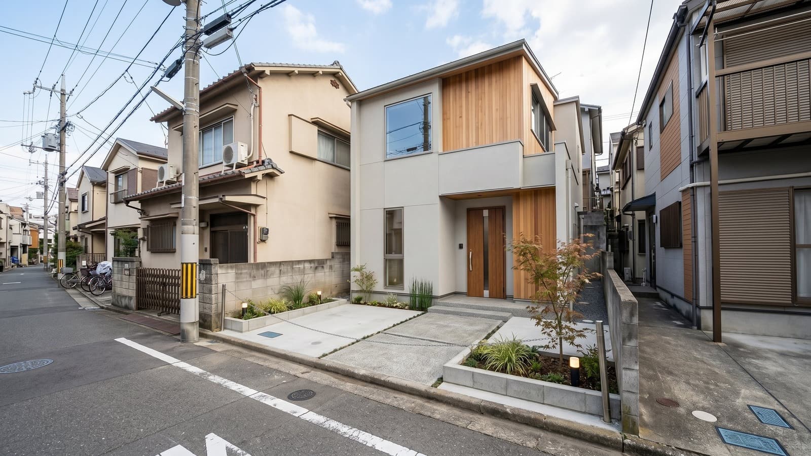 Modern Japanese urban home rendering on a narrow vacant lot
