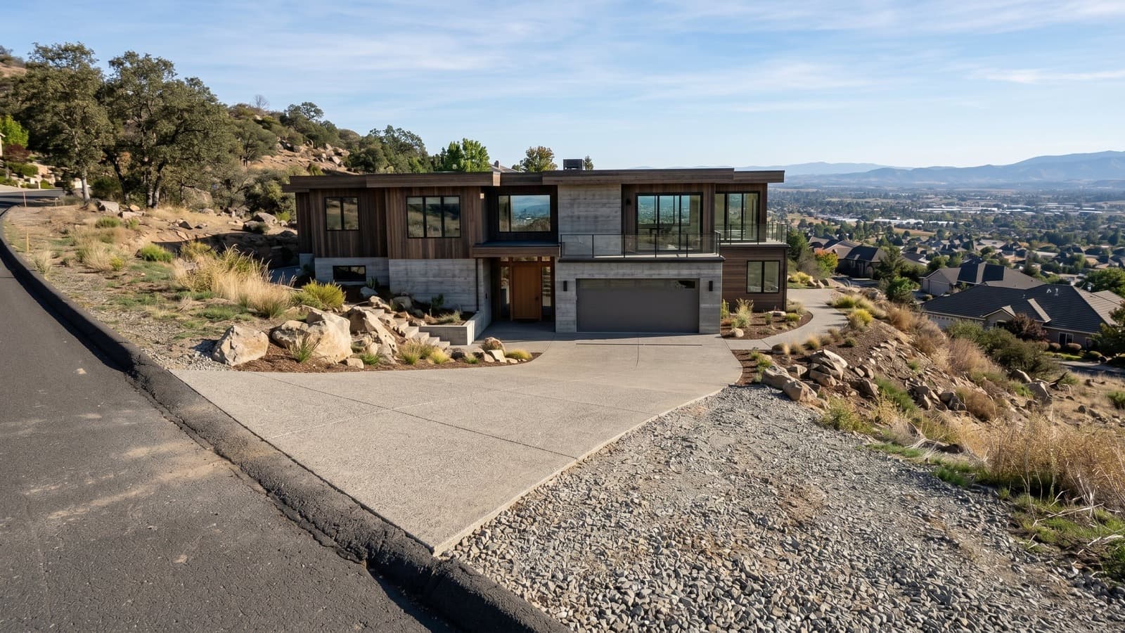 Modern hillside home rendering on a sloped vacant lot