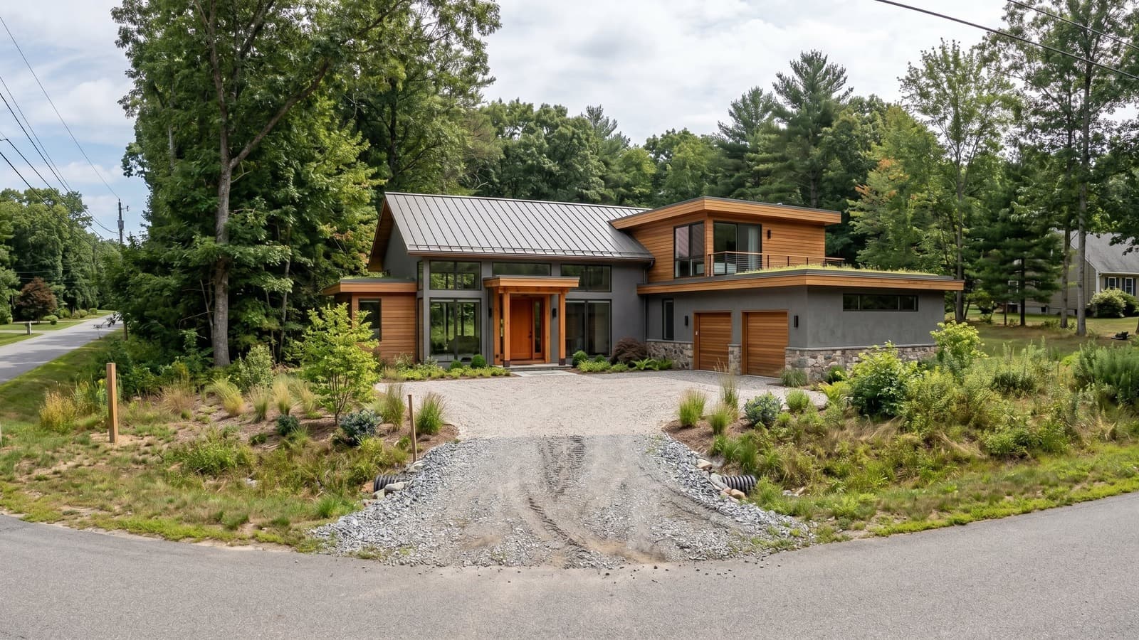 Contemporary home rendering on a wooded-edge vacant lot