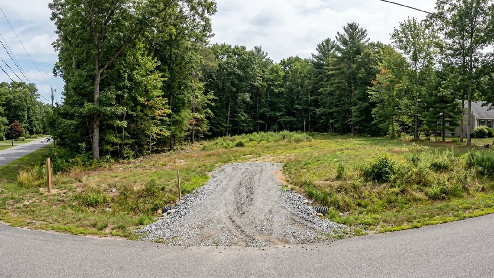 Vacant wooded-edge residential lot before AI house rendering