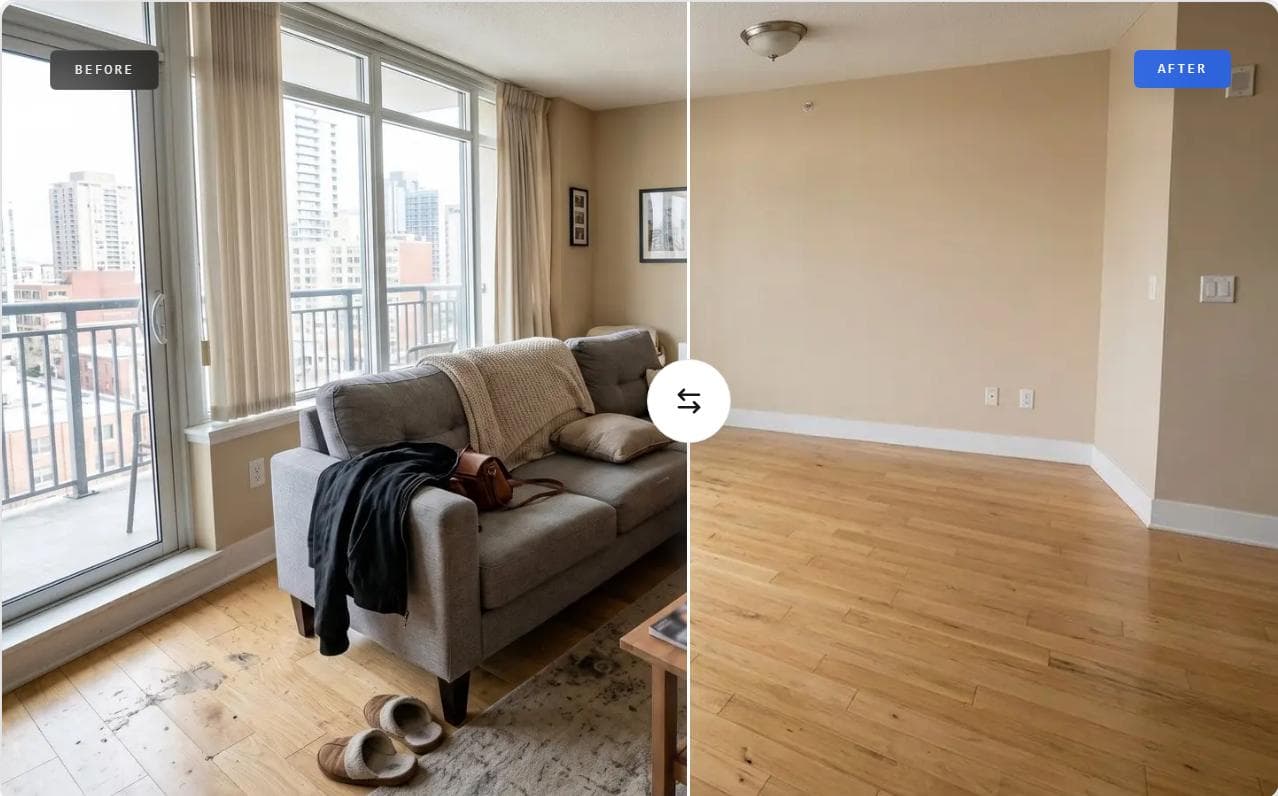 Furniture removal before and after comparison for a real estate interior photo
