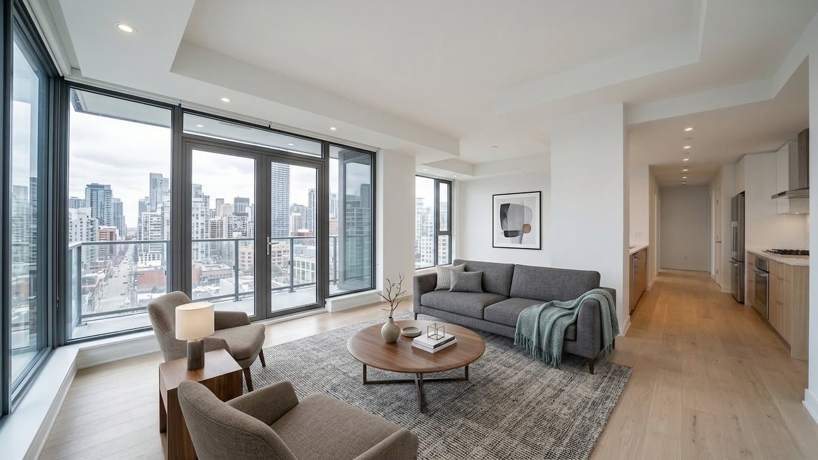 AI-staged living room shown as a multiple-angle virtual staging example