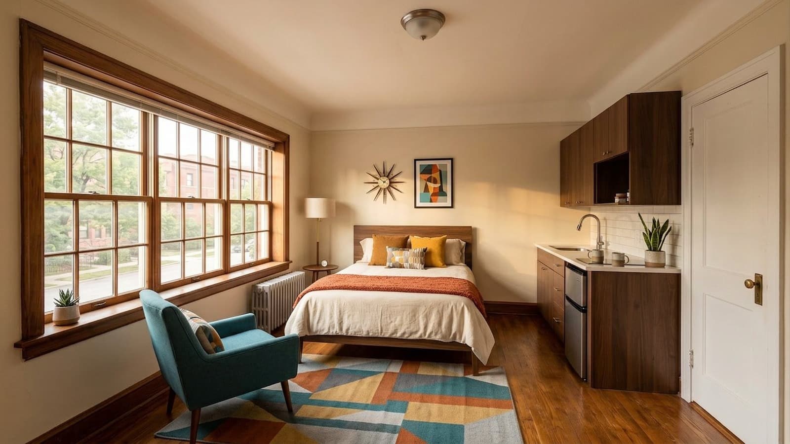 Studio Apartment Virtual Staging Before and After Examples Mid-Century Modern After