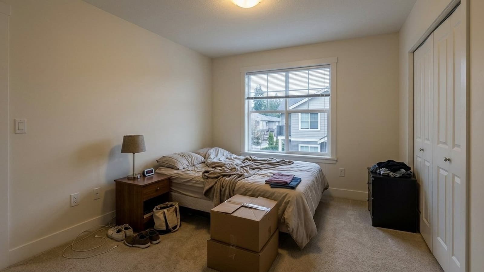 Cluttered furnished rental bedroom before AI furniture and belongings removal