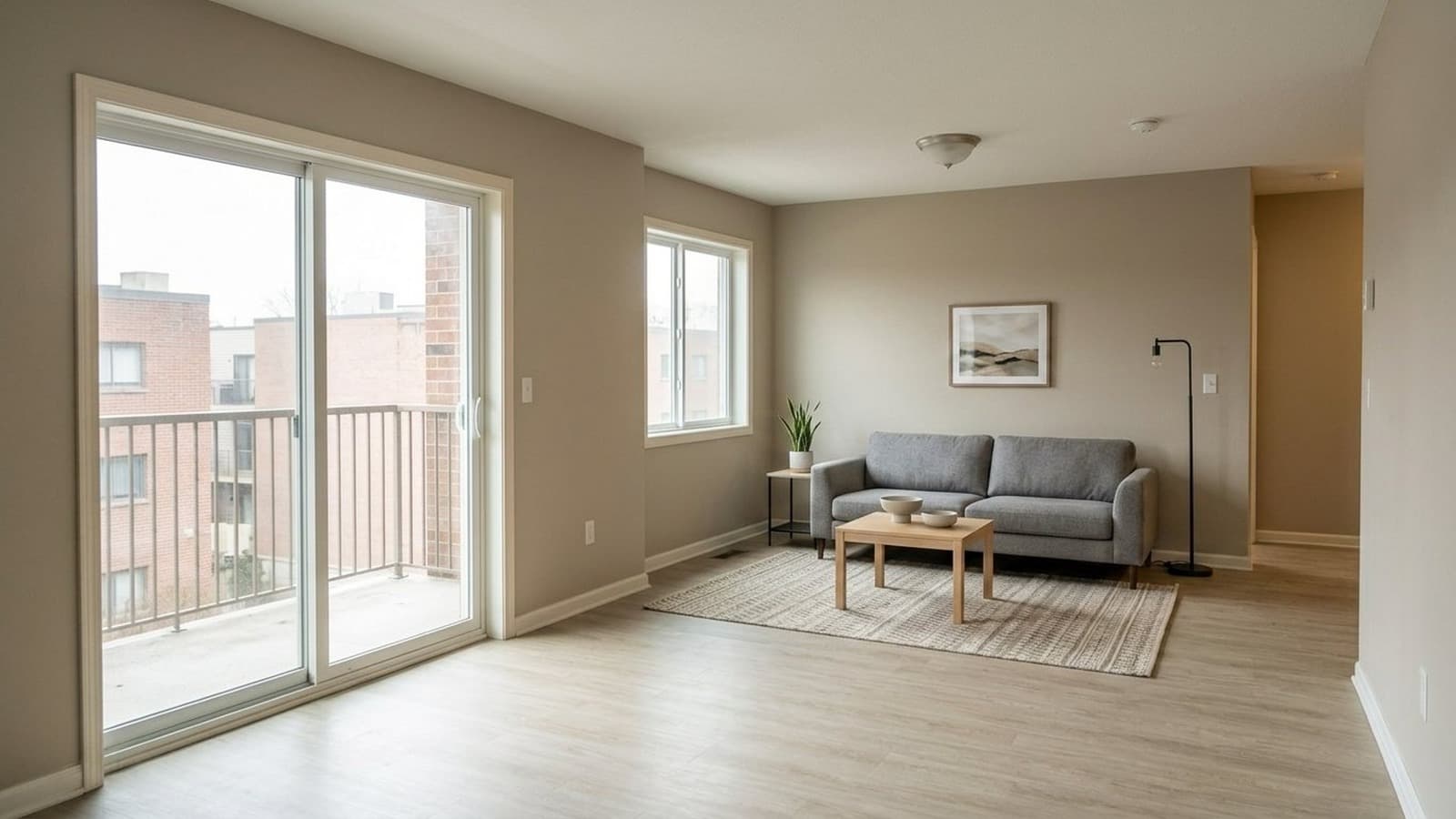 Bright staged rental living room after AI lighting correction and virtual staging