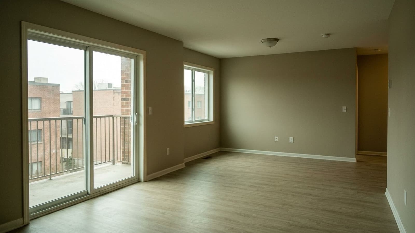 Poorly lit vacant rental living room before AI lighting correction and virtual staging