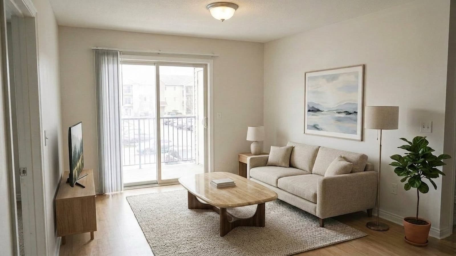 Bright fully staged living room after AI lighting correction and virtual staging