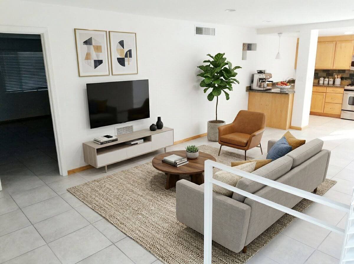 AI staged apartment living room for a rental listing