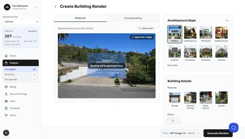 Empty lot workflow showing the uploaded plot photo with AI-detected boundary overlay