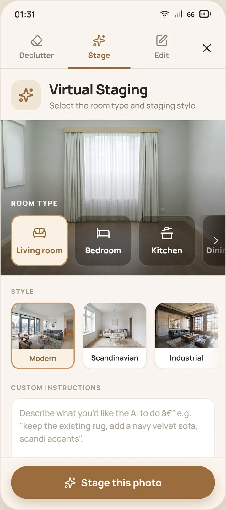 Virtual staging screen